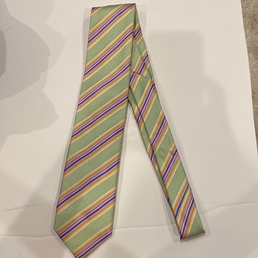 JZ Richards all silk handmade tie, green, purple & orange in color.